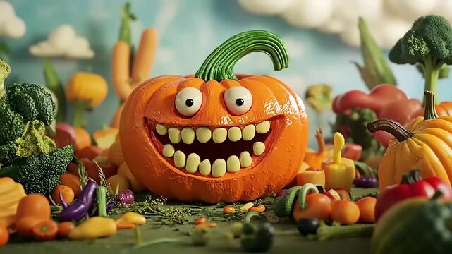 Playful pumpkin character with a big smile surrounded by colorful vegetables in a whimsical garden
