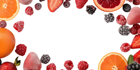 Frozen berries and citrus fruit frame isolated on transparent background isolated on white background