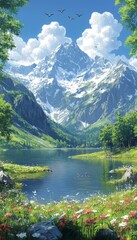 Fototapeta premium Scenic alpine lake, mountains, flowers, sunny day. Stock photo