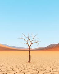 Naklejka premium Lonely tree stands resilient in a vast, arid desert landscape under clear blue sky during midday in a remote location