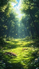 Obraz premium Sunlight Forest Path, Lush Greenery, Butterflies, Nature Background, Perfect for Spring Stock