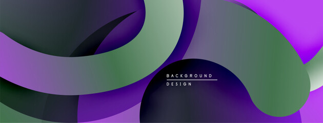 Abstract flowing shapes, purple, green hues. Modern design, gradient effects, dynamic composition. Minimalist aesthetic.