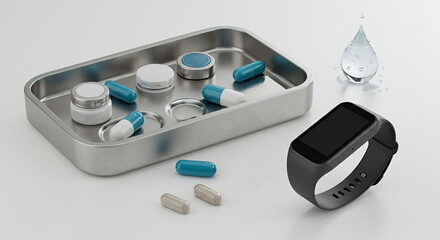 Supplements and smartwatch on a silver tray next to a drop of water on a light background with copy space