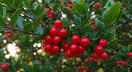 Obraz premium Bright Red Winterberries Branch with Lush Green Leaves Natural Beauty and Seasonal Charm A Burst of Color for Holiday Designs and Festive Decor