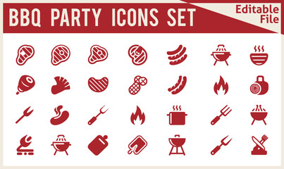  Modern BBQ Party Time Vector Icon Set Featuring Solid Style Symbols Including Barbecue Grill, Beef Steak, Grilled Chicken, and Sausage in Filled Pictogram Design
