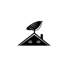 Satellite Dish on House Roof, Clear Sky Background