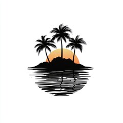 Tropical island sunset silhouette, ocean reflection, travel postcard