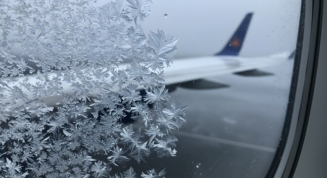Frozen Airplane Window Ice Crystals on Flight