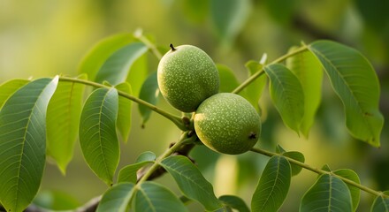 Green Walnuts Growing on Tree Branch with Lush Foliage Healthy Fresh Food Ingredient Harvest Symbolizing Abundance Natural Edible Seed Rich in Nutrients and Antioxidants Source