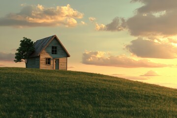 small house on a hillside farmland at sunset