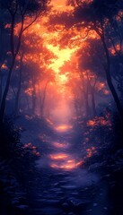 Forest path sunrise mystical light