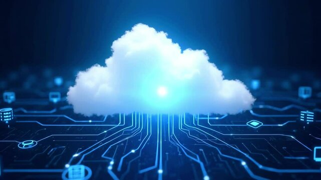 Digital cloud computing concept with glowing cloud over circuit board background representing data flow