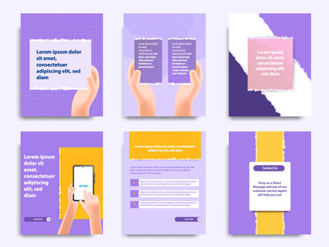 Purple yellow social media tutorial, tips, trick, did you know post banner layout template set with torn paper design element