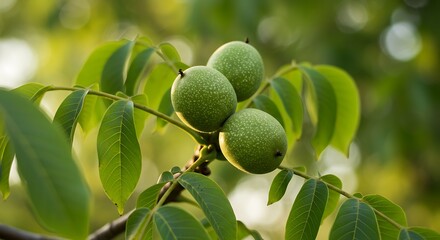 Green Walnuts Growing on a Tree Branch in Summer Natural Healthy Food Source Fresh Harvest Concept with Bright Bokeh Background and Sunlight