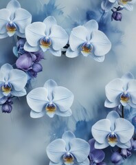 Delicate blue watercolor wash backdrop featuring vibrant Phalaenopsis orchids, native to the Philippines ,  wildlife,  tropical,  bright