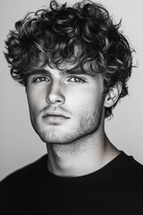 Obraz premium Young man with curly hair poses for a black and white portrait in a minimalistic studio setting