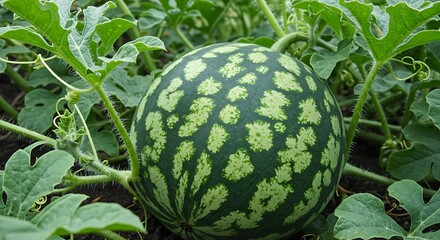 Fresh Watermelon Growing in a Field Garden Agriculture Ripening Summer Harvest Health Food Farming Plant Sweetness Vitamin Isolated on Background