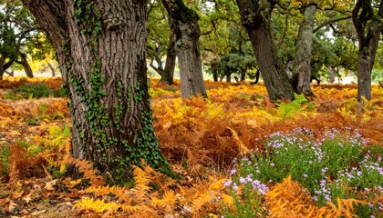 Fototapeta premium Autumnal woodland tapestry: Ancient trees embraced by vibrant foliage and wildflowers