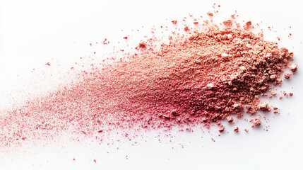 Soft peach and pink makeup powder close-up with delicate texture, cosmetic beauty product flatlay, minimal style with caption space on the side.