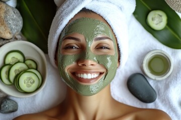 Woman enjoys a facial mask treatment while relaxing on a spa table surrounded by stones and cucumber slices