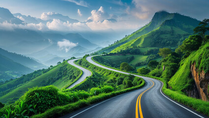 Fototapeta premium A winding road ascends through verdant hills, leading to stunning mountain views under a blue sky.