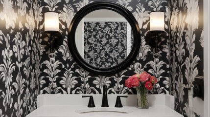Stylish black and white powder room with ornate wallpaper.