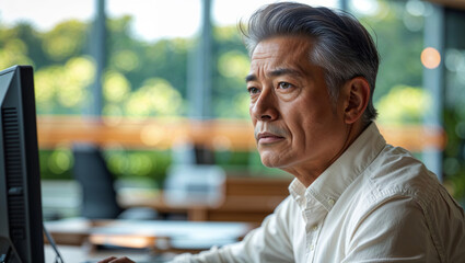 Asian executive with gray hair working at his computer in a modern bright office setting.