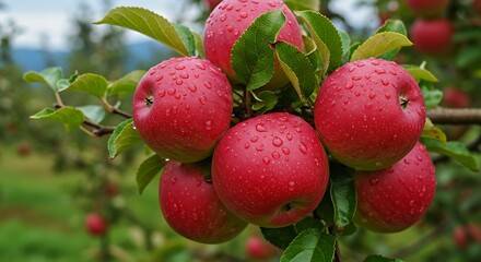 Obraz premium Fresh Red Apples on Branch in Orchard Healthy Fruit Harvest with Dew Drops Organic Agriculture Natural Food Growing Season