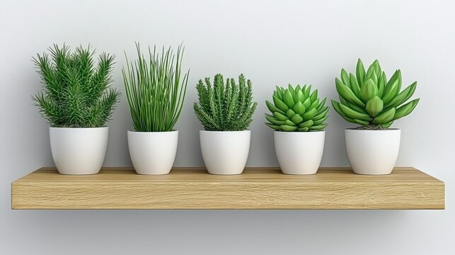 Five green plants potted in white on wooden shelf