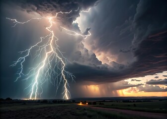Spectacular Lightning Strike Over Dramatic Stormy Landscape