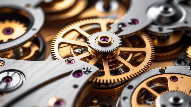 Close up detail of a complex clockwork mechanism showing gears and intricate components