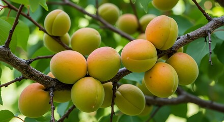 Ripe Apricots on Branch with Green Leaves Sweet Summer Harvest Healthy Eating Organic Gardening Orchard Fruit Freshness Natural Food Abundance Isolated Group