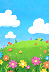 Obraz premium Colorful Spring Meadow with Fluffy Clouds
