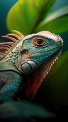 Fototapeta premium Colorful iguana perched among green leaves in a tropical environment showcasing vibrant scales and intricate detail in early morning light