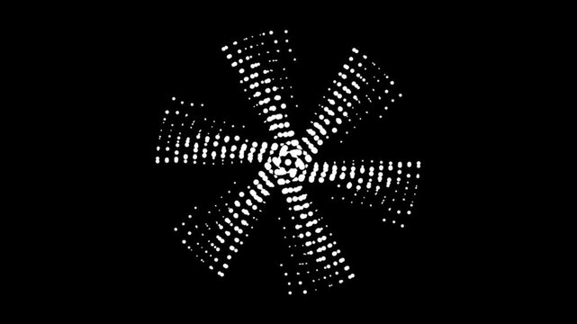 Dihedral Symmetrical Halftone Dot Animation with Six-Fold Rotation and Reflection on Black Background Featuring Surging Wave Patterns and Electric Flickering Motion