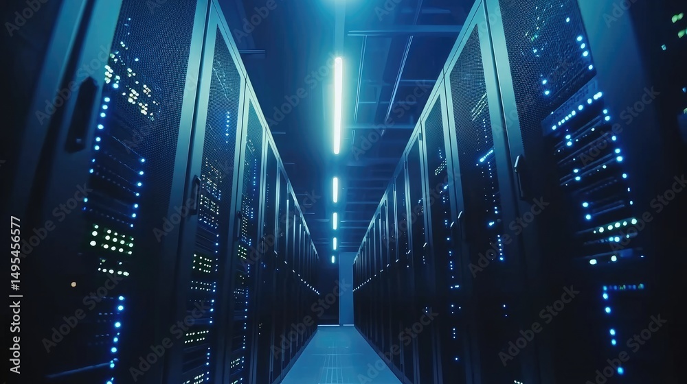 Poster Secure high-tech server hallway with lighting and deep blue tones, suited for cybersecurity visuals, network operations, or smart digital infrastructure concepts