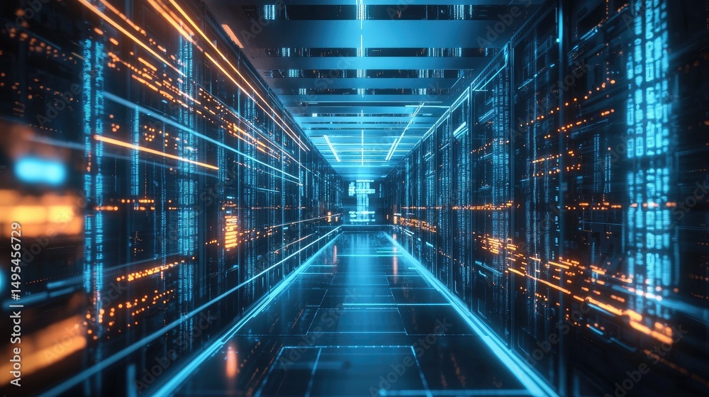 Poster Neon-lit digital server corridor with glowing data flow lines, perfect for illustrating AI architecture, big data processing, or futuristic cloud-based environments