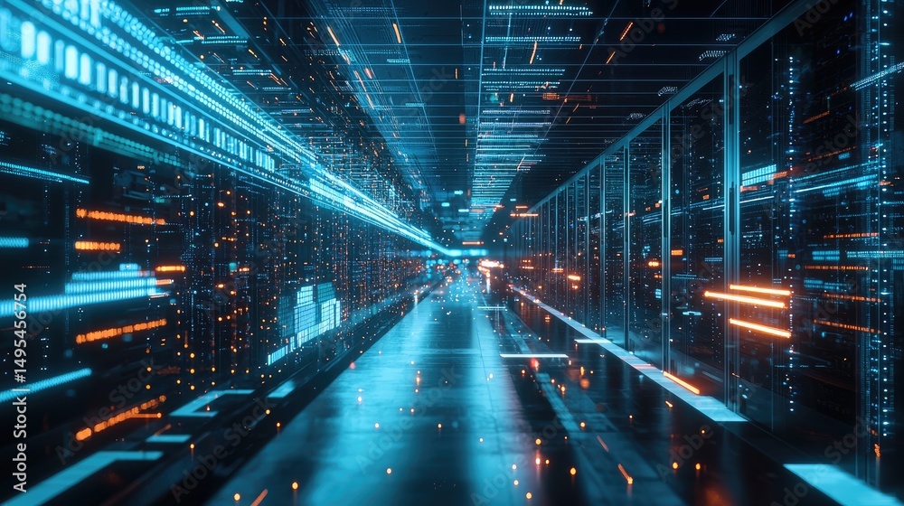 Poster Futuristic server racks with visualized data streams and neon elements, ideal for conveying fast data transfer, virtual environments, or digital transformation themes