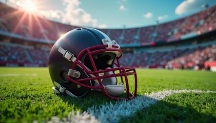 Fototapeta premium Close-up of football helmet, game field in background, football, pass, helmet