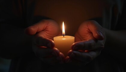 Gentle hands cradling a warm candle flame, offering hope and serenity in darkness