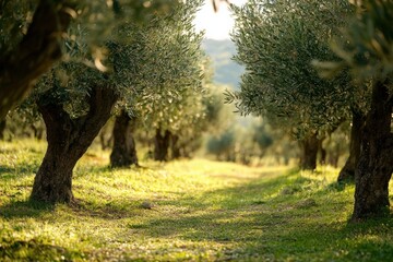 Olive grove path with sunlight filtering through trees during late afternoon in a tranquil rural setting
