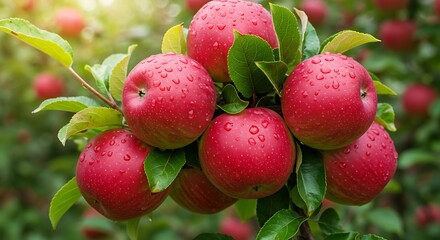 Obraz premium Ripe Red Apples on Tree Branch Refreshing Orchard Fruit with Dew Drops Sunlight Healthy Harvest Organic Farming Fresh Produce Nature's Bounty