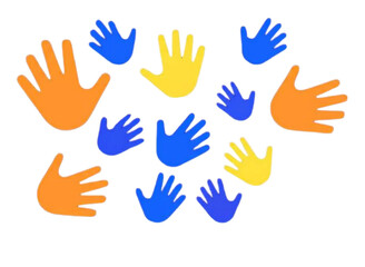 Obraz premium Colorful blue and yellow handprint patterns. Beautiful abstract hands gesture art