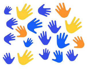 Fototapeta premium Colorful blue and yellow handprint patterns. Beautiful abstract hands gesture art