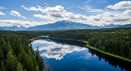 Fototapeta premium Crystal Clear Lake, Majestic Mountains, Lush Forest, Stunning Nature, Peaceful Scenery