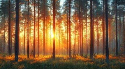 Obraz premium Forest bathed in warm sunlight, trees reaching upward