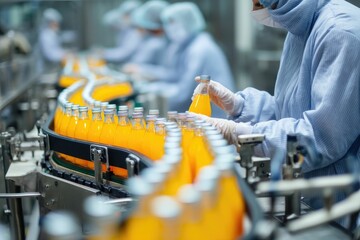 Team aligning bottles on food production line