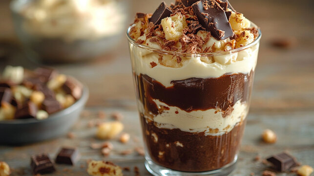 Minimalist dessert presentation featuring layered caramel pudding and rich chocolate in a modern style. Elegant sweet treat with smooth textures and warm tones, perfect for gourmet food design. - Powered by Adobe