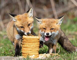 Fototapeta premium Two playful foxes enjoying a stack of delicious snacks in a sunny outdoor setting.