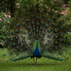 Obraz premium Peacock Displaying Feathers in Garden
